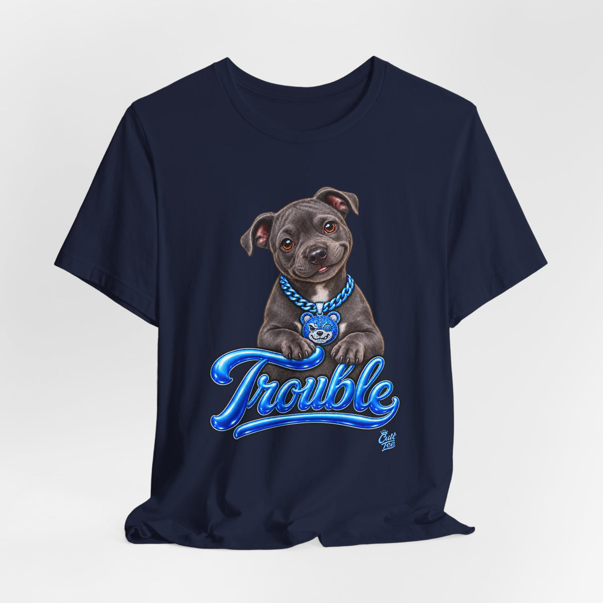 Trouble Puppy T‑Shirt — Cute Staffy Dog Graphic Tee