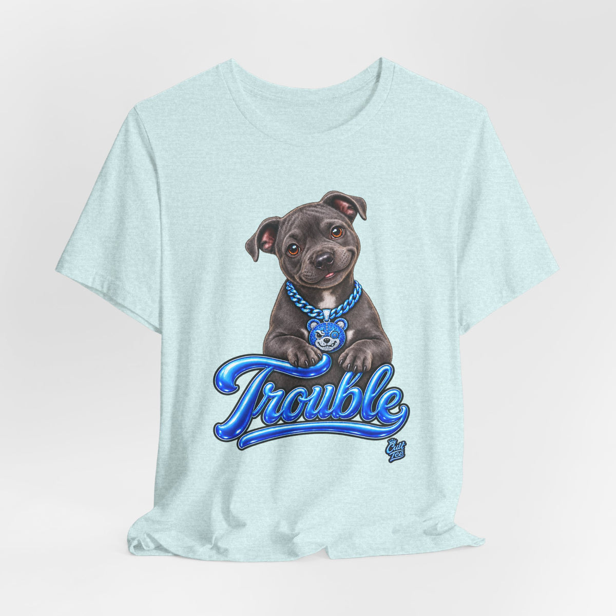 Trouble Puppy T‑Shirt — Cute Staffy Dog Graphic Tee
