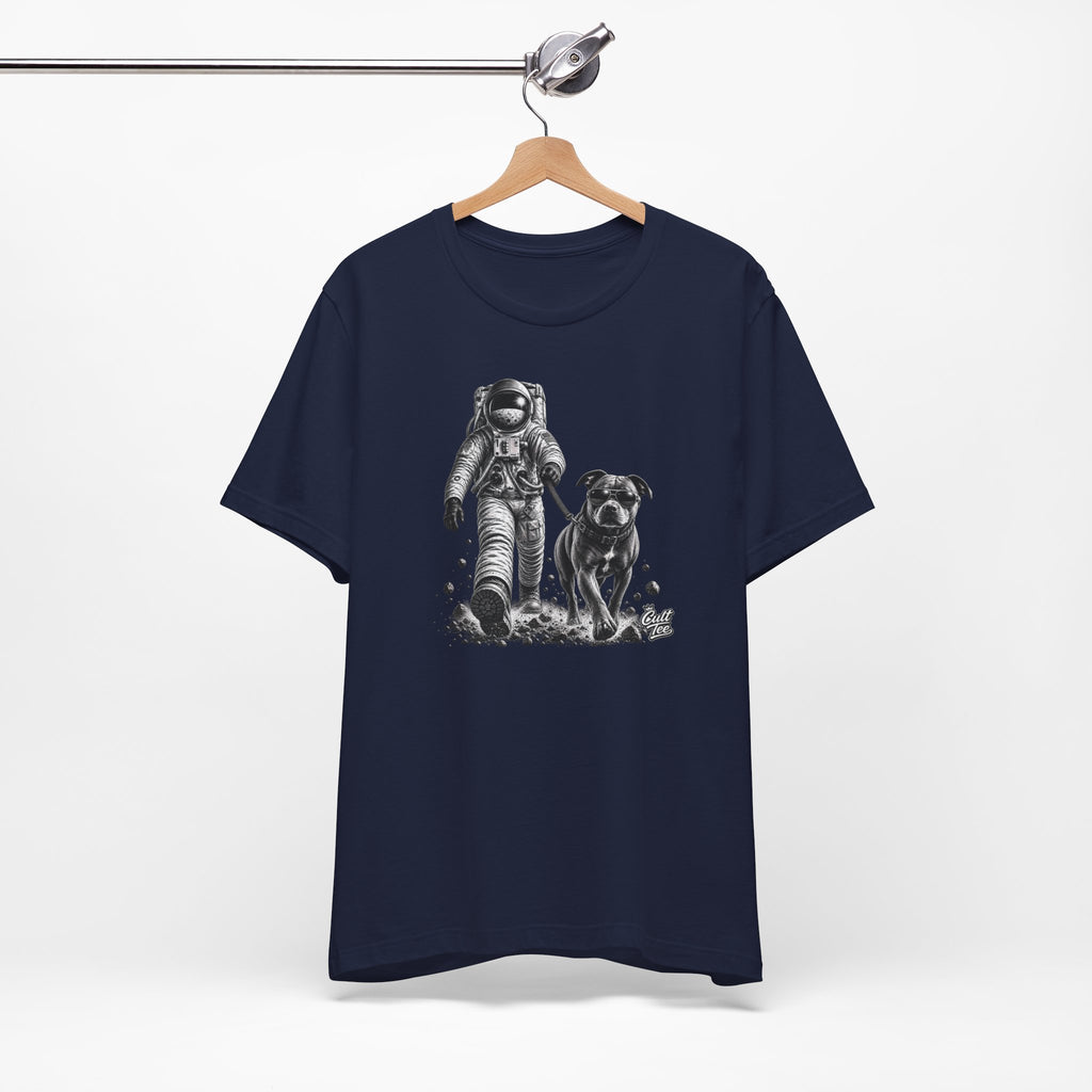 Monochrome Astronaut and Dog Graphic Tee — Unisex Space Adventure T-Shirt