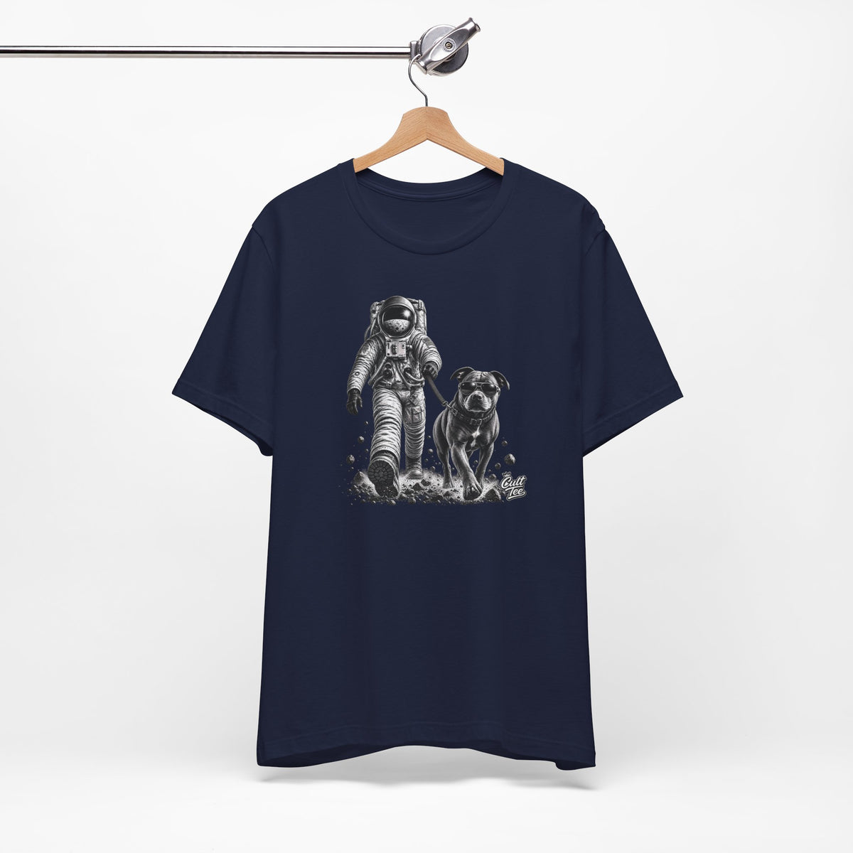 Monochrome Astronaut and Dog Graphic Tee — Unisex Space Adventure T-Shirt