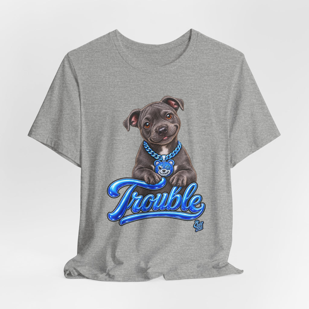 Trouble Puppy T‑Shirt — Cute Staffy Dog Graphic Tee