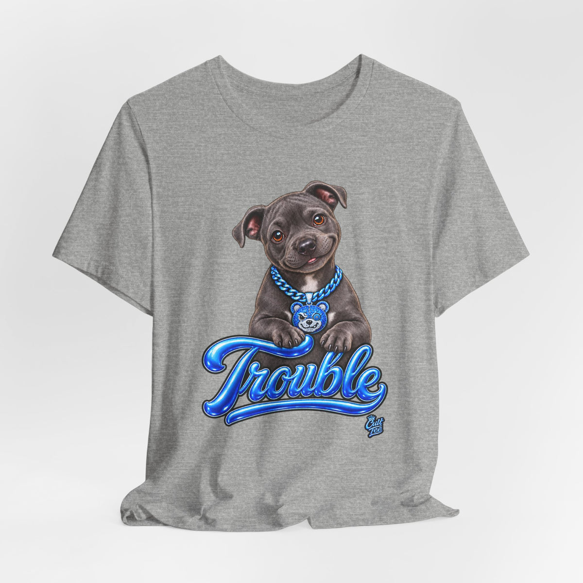 Trouble Puppy T‑Shirt — Cute Staffy Dog Graphic Tee