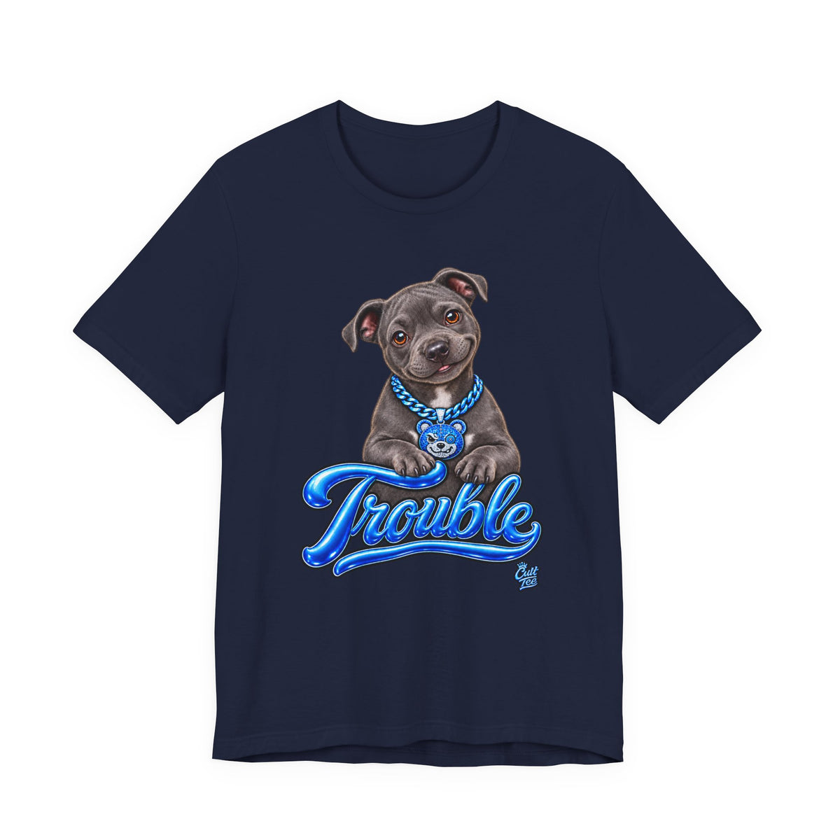 Trouble Puppy T‑Shirt — Cute Staffy Dog Graphic Tee