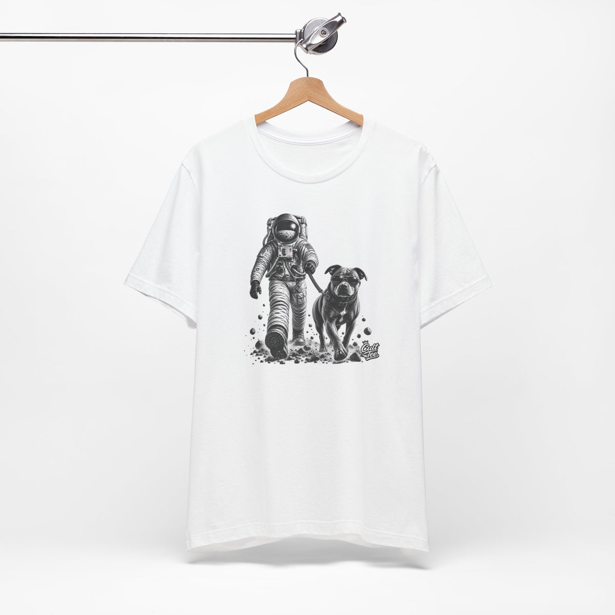 Monochrome Astronaut and Dog Graphic Tee — Unisex Space Adventure T-Shirt