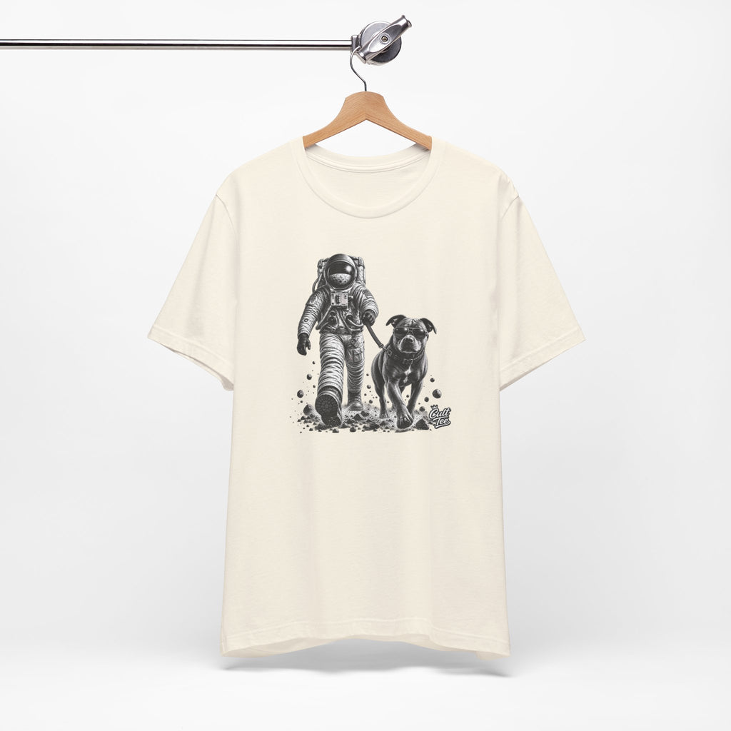 Monochrome Astronaut and Dog Graphic Tee — Unisex Space Adventure T-Shirt