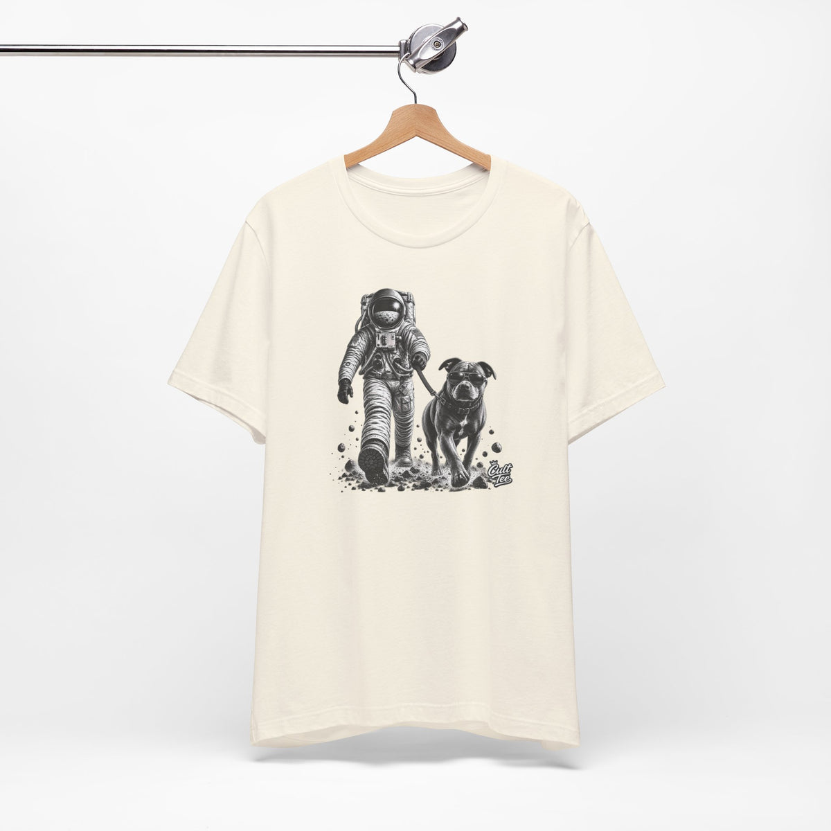 Monochrome Astronaut and Dog Graphic Tee — Unisex Space Adventure T-Shirt