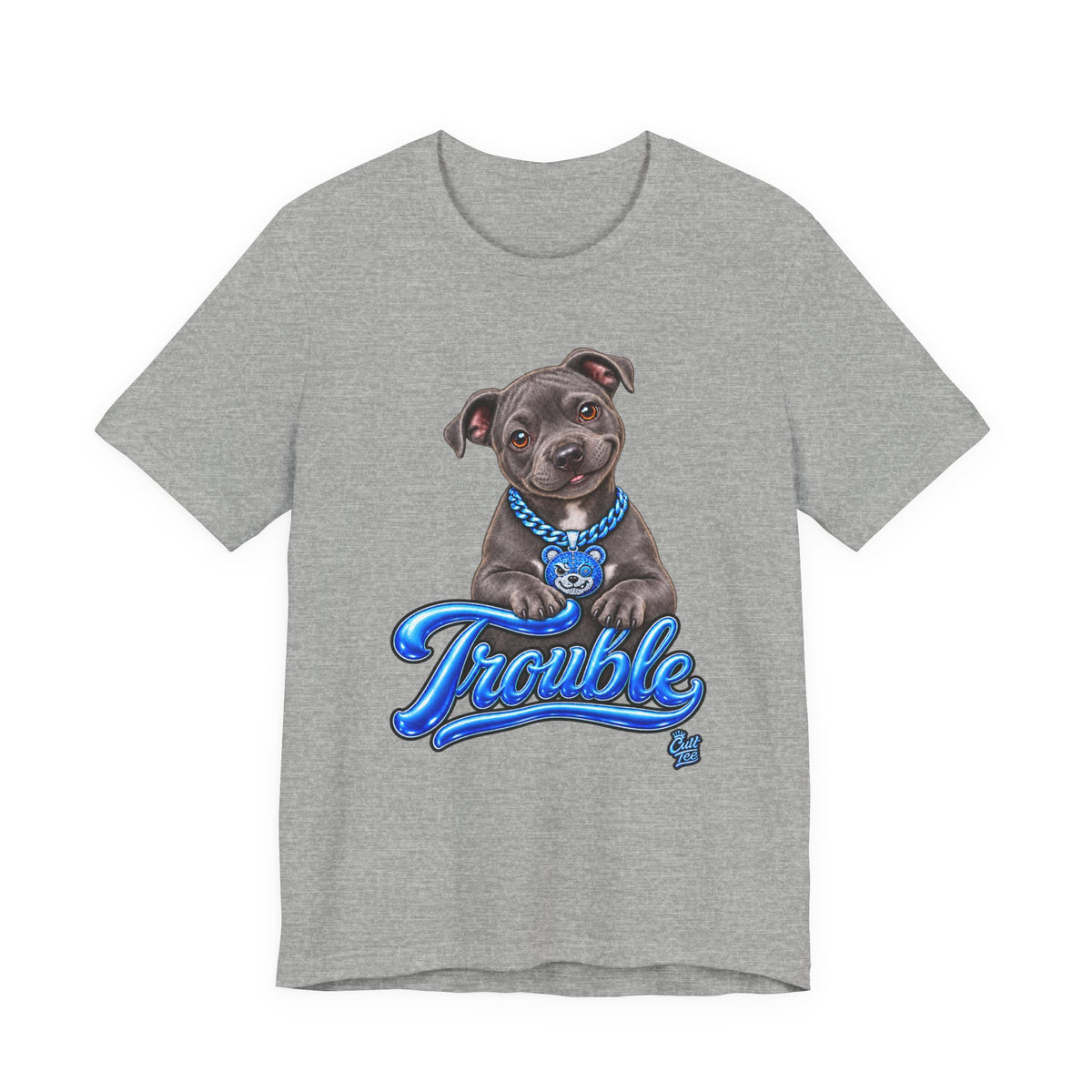 Trouble Puppy T‑Shirt — Cute Staffy Dog Graphic Tee