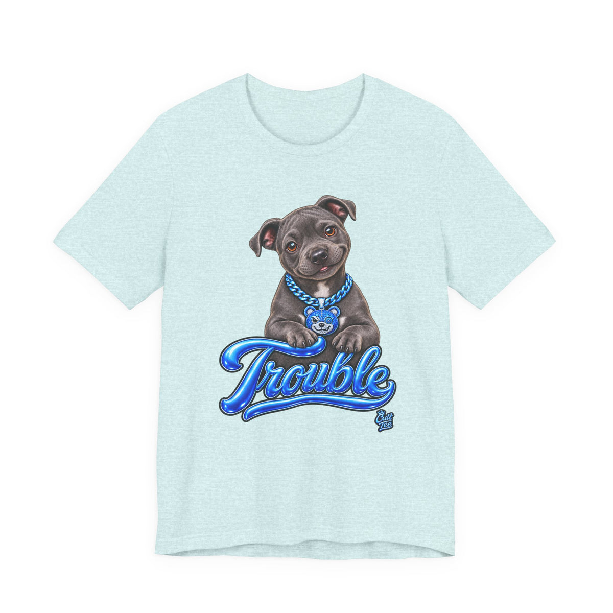 Trouble Puppy T‑Shirt — Cute Staffy Dog Graphic Tee